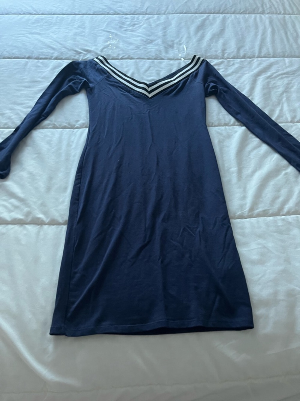 Heart Hips Navy Long Sleeve V-Neck Dress with Striped Trim